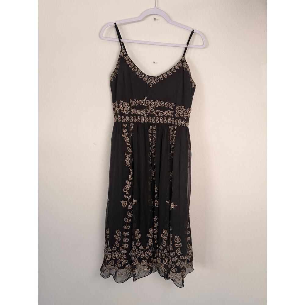 Vintage Adrianna Papell Black Silk Beaded Dress Gold Embellished Formal Midi 14
